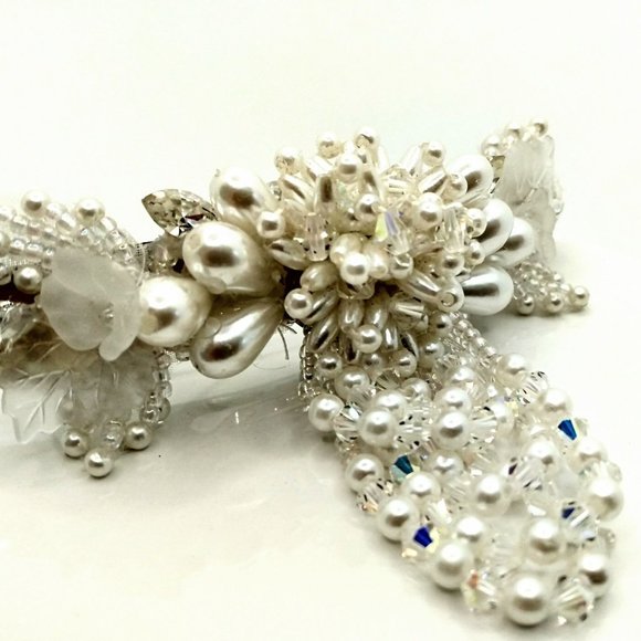 Vintage Hand Beaded French Hair Barrette/Hair Clip White Pearls Crystal Fringe